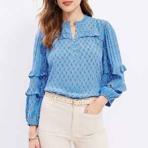 LOFT XL Blue Paisley Print Ruffle Button Long Sleeve Blouse